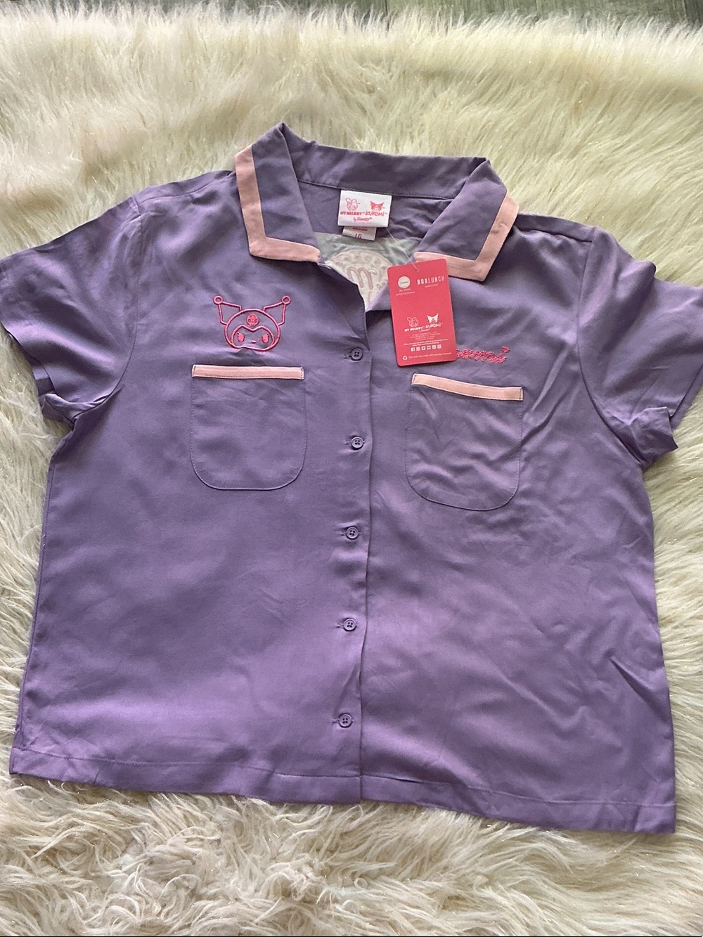 My melody and kuromi Lavender Button-Front Kids Shirt with Pink Trim